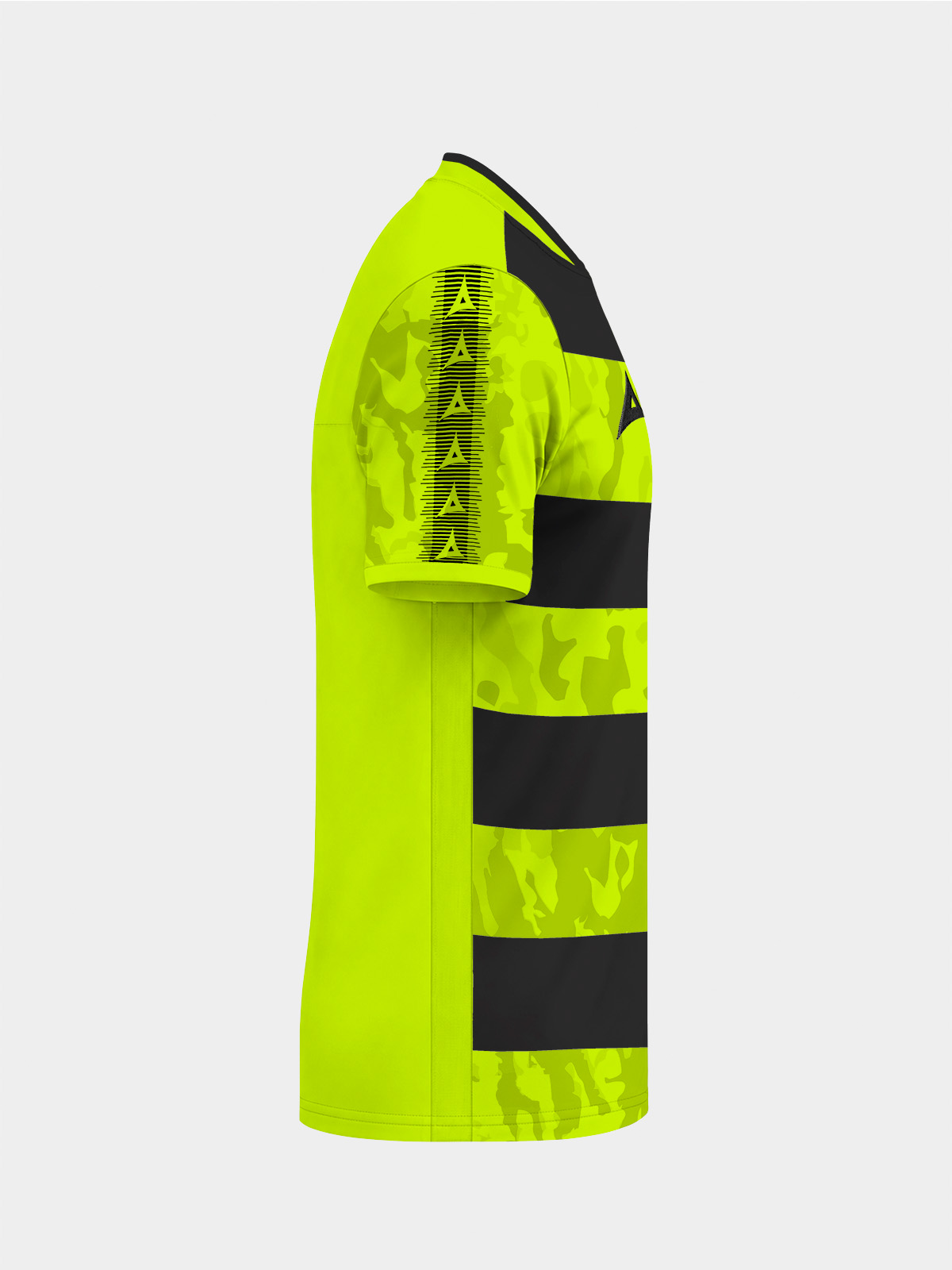	right side view of the neon yellow and black pro intent jersey, showcasing the technical interlock polyester fabric.