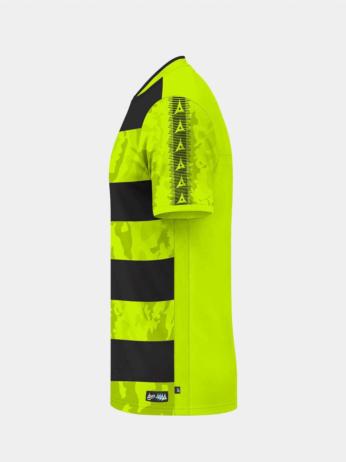 	left side shot of the neon yellow jersey highlighting the black contrast mesh panels for cooling.