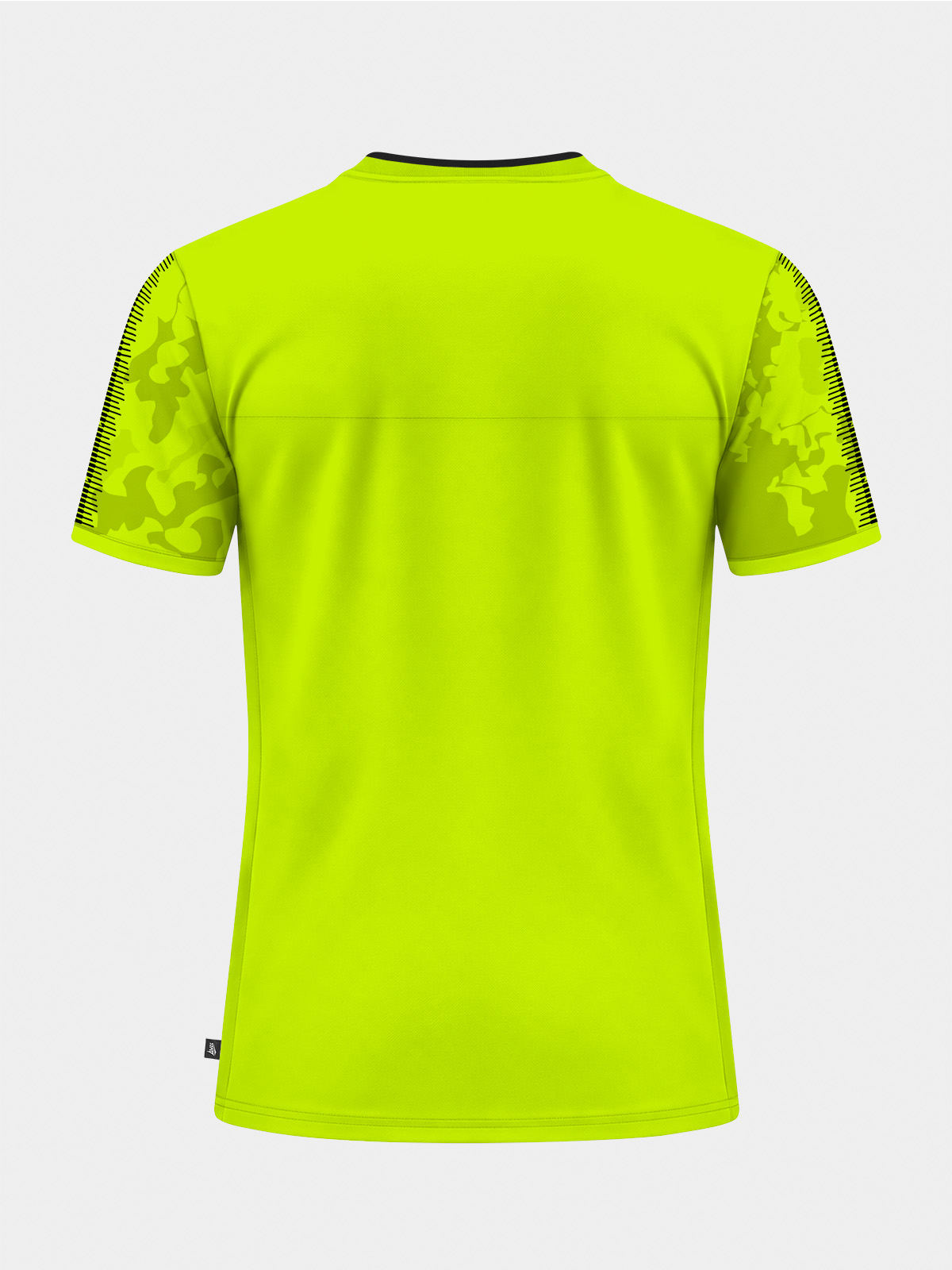 	rear view of the neon yellow and black jersey, offering a clean layout for name and number customisation.	