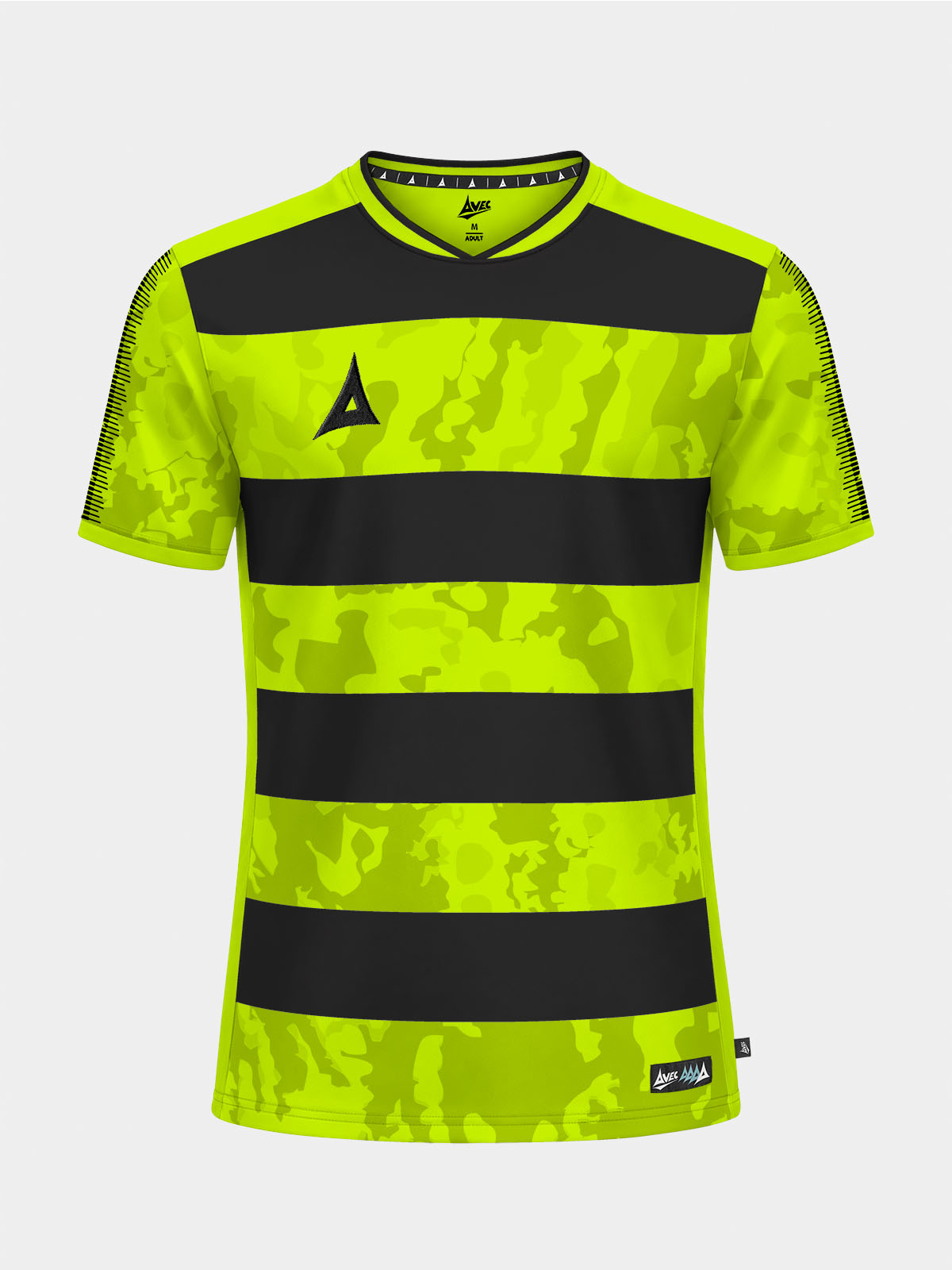 	front view of the high-visibility neon yellow and black pro intent hoop jersey with modern camo hoops.