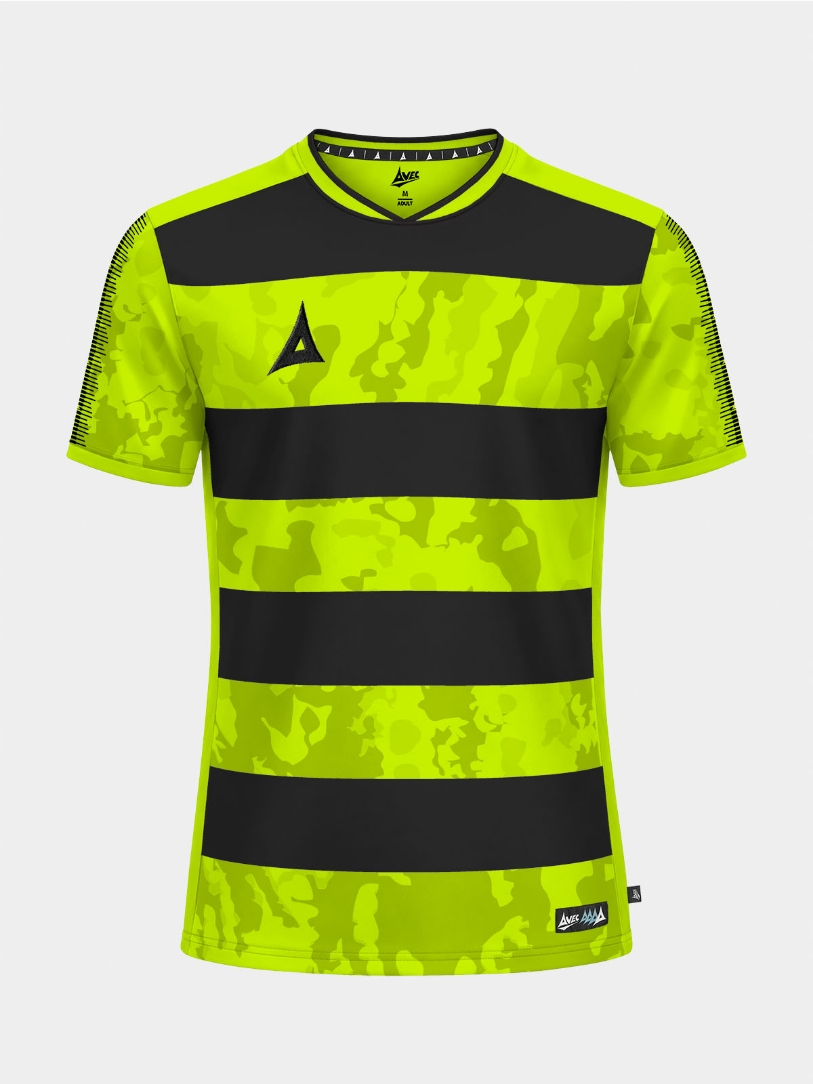 	Front view of the high-visibility Neon Yellow and Black Pro Intent Hoop Jersey with modern camo hoops.