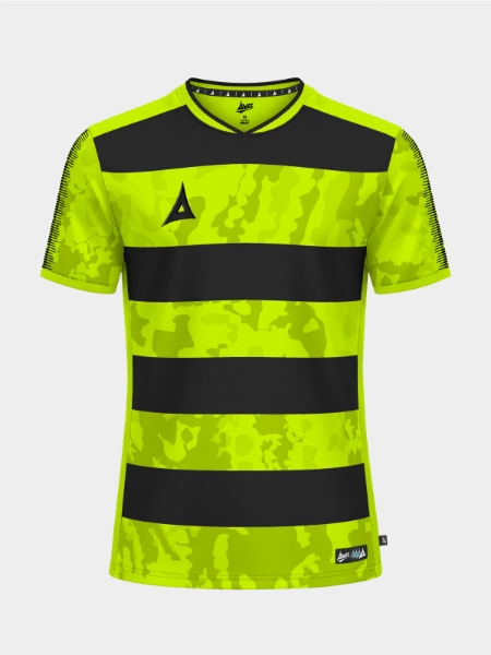 	Front view of the high-visibility Neon Yellow and Black Pro Intent Hoop Jersey with modern camo hoops.