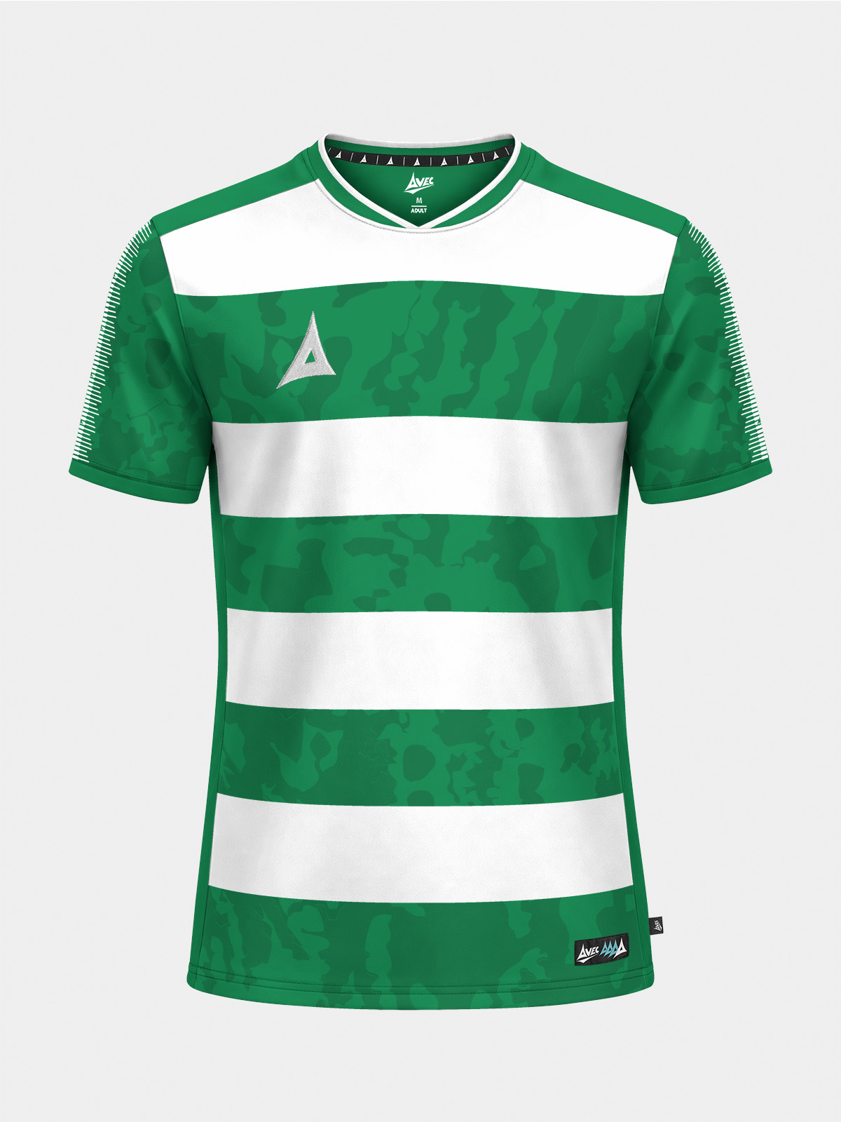 	a professional front-facing shot of the green and white pro intent hoop jersey with intricate camo-hoop detailing.