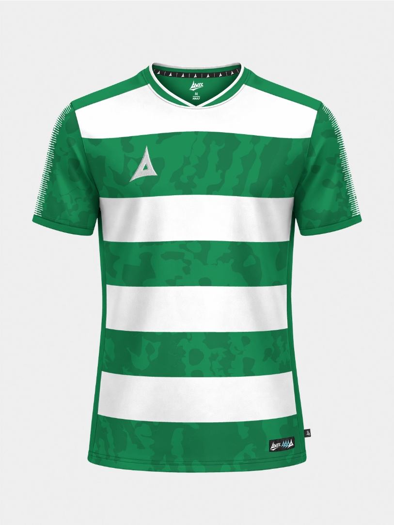 	A professional front-facing shot of the Green and White Pro Intent Hoop Jersey with intricate camo-hoop detailing.