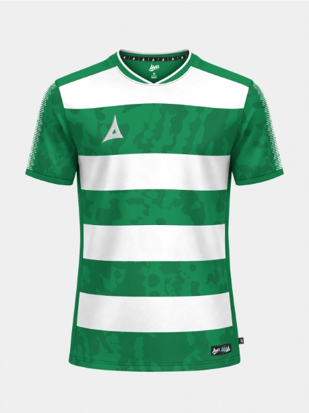 	A professional front-facing shot of the Green and White Pro Intent Hoop Jersey with intricate camo-hoop detailing.