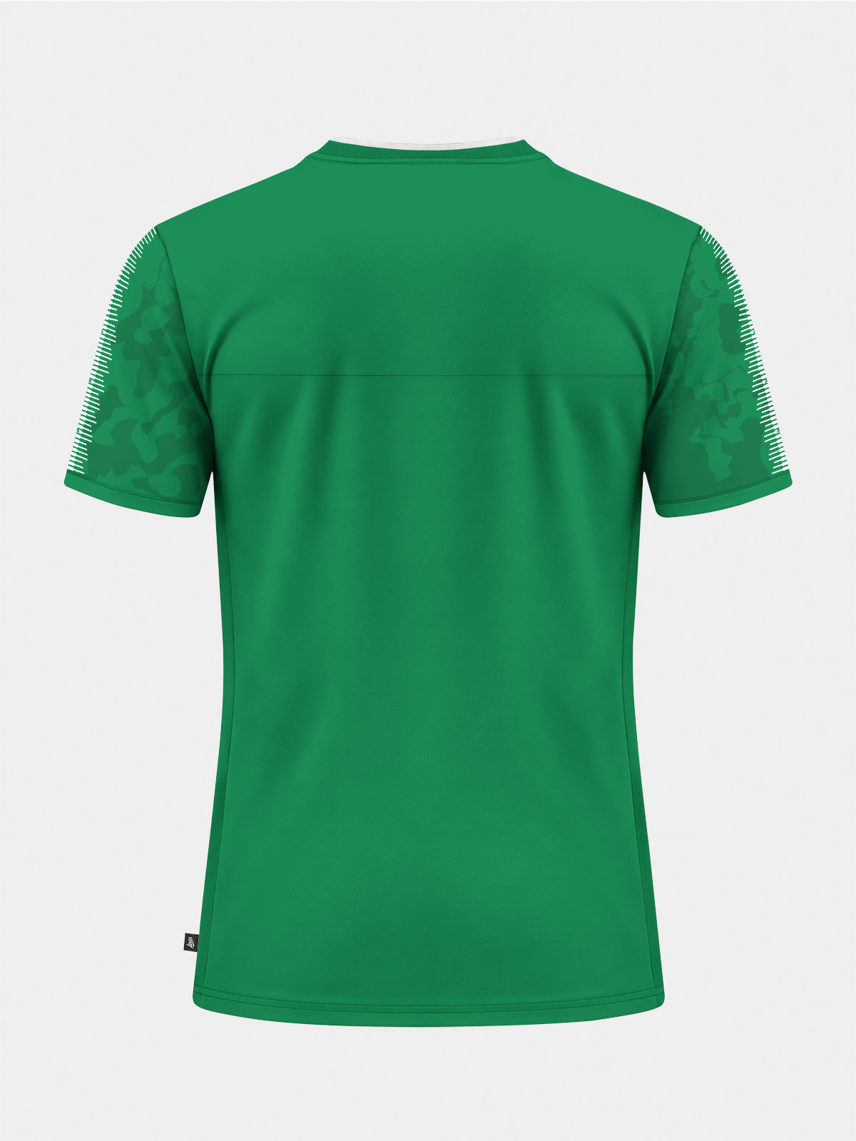 	back view of the green and white hooped matchday jersey, ideal for club sponsors and squad customization.