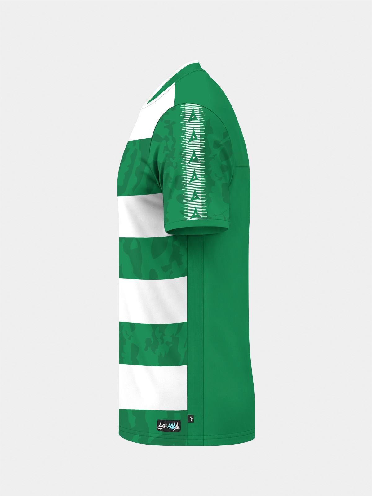 	side view of the green and white jersey highlighting the integrated mesh panels for enhanced airflow.