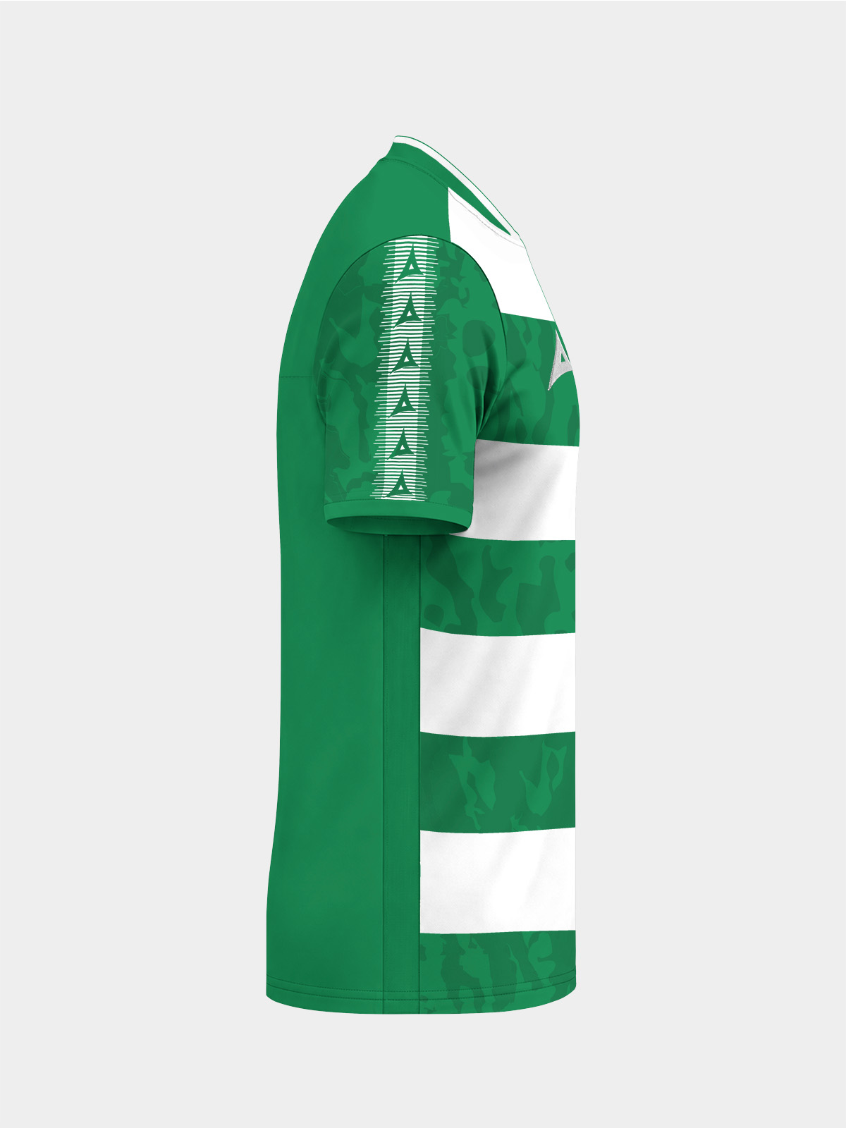 	right side perspective of the green and white pro intent jersey, displaying the moisture-wicking interlock fabric.