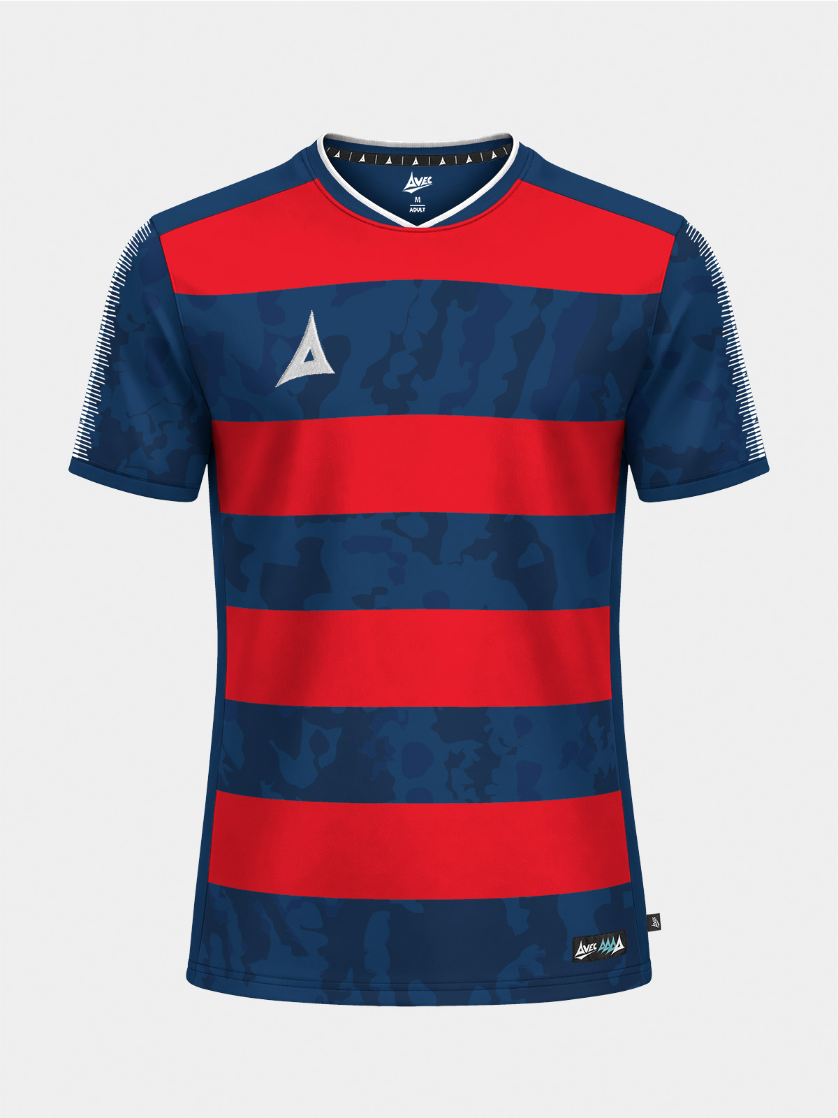 	full front view of the navy and red pro intent hoop jersey, showcasing the bold camo-patterned hoops.
