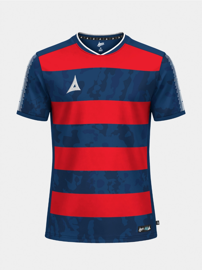 	Full front view of the Navy and Red Pro Intent Hoop Jersey, showcasing the bold camo-patterned hoops.
