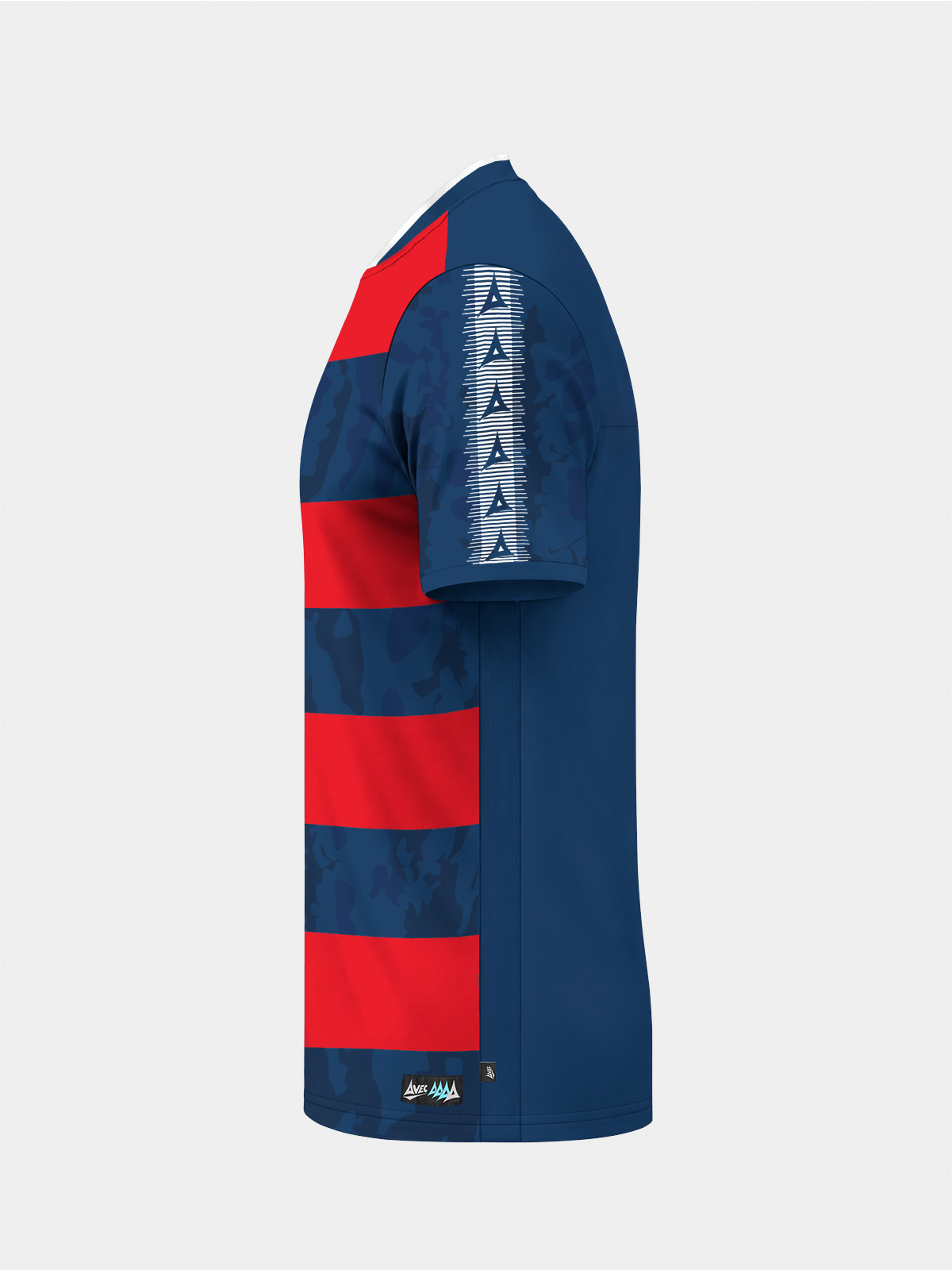 	left profile of the navy and red jersey showing the contrast sleeve design and ergonomic mesh side panels.