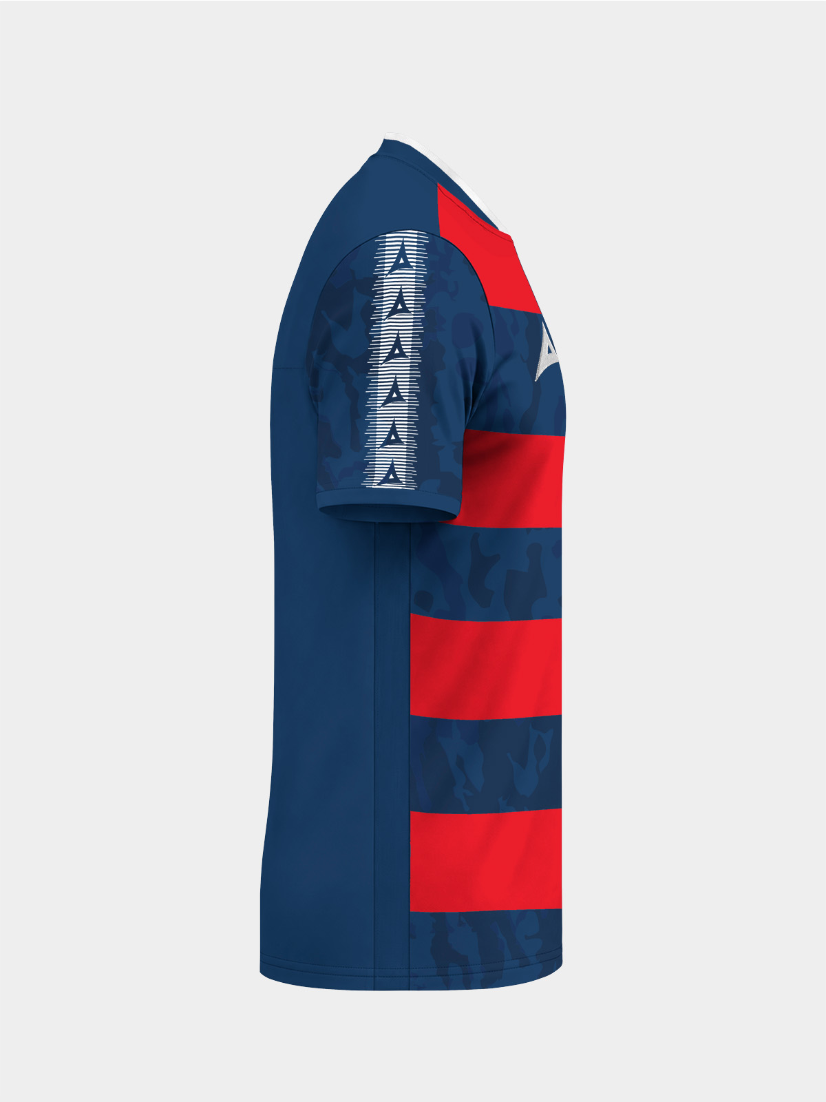 	right side shot of the navy and red pro intent shirt, highlighting the high-performance interlock polyester.
