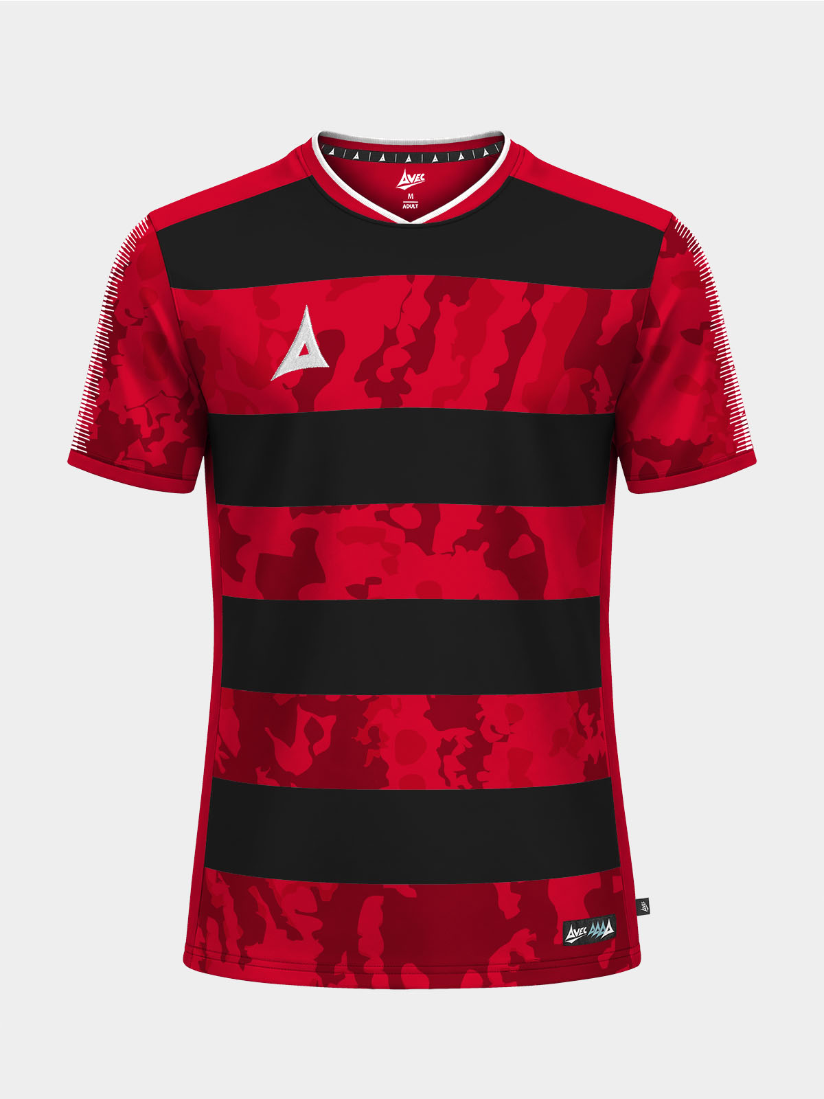 	the red and black pro intent hoop jersey shown from the front, featuring a disruptive camo-sublimation effect.
