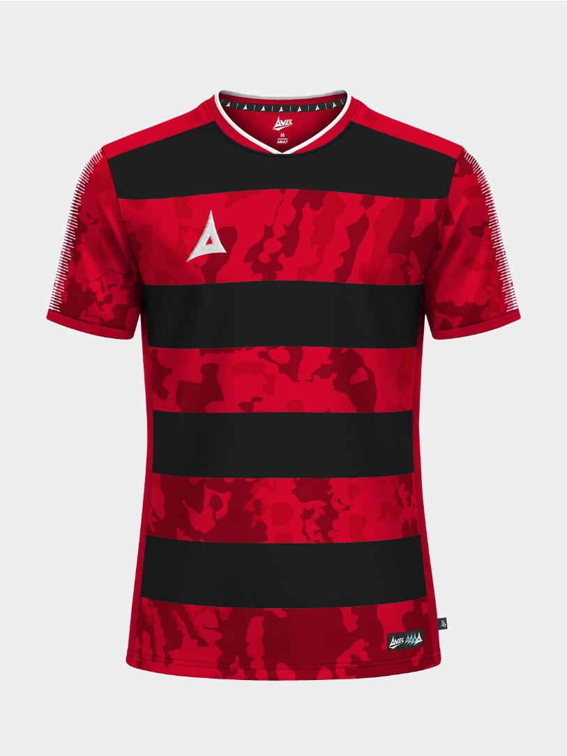 	The Red and Black Pro Intent Hoop Jersey shown from the front, featuring a disruptive camo-sublimation effect.