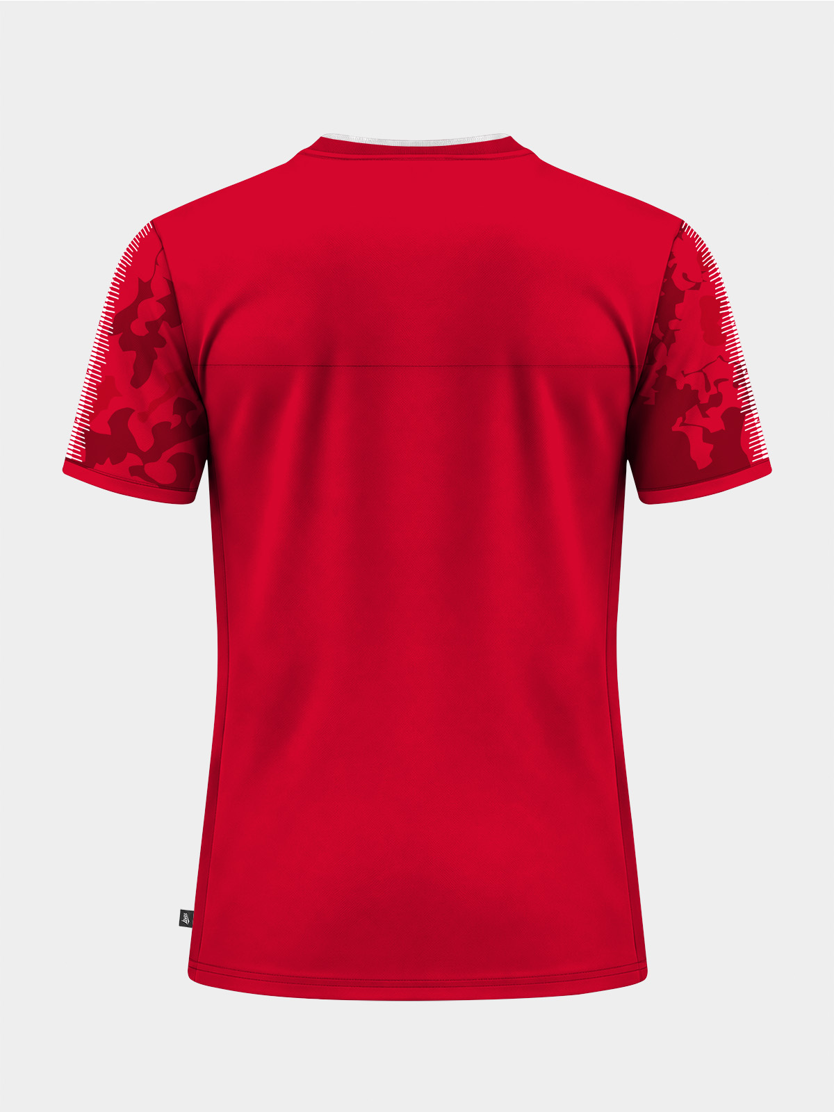 	back view of the red and black hooped jersey, tailored for amateur and professional club personalisation.