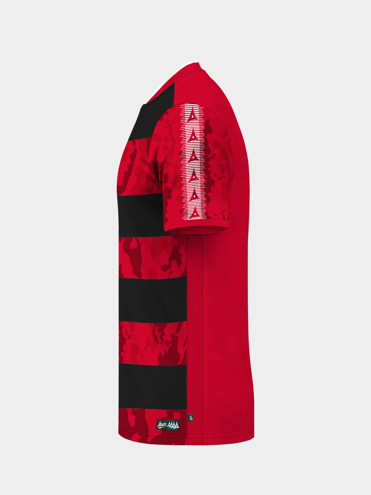 	side perspective of the red and black jersey highlighting the ventilation mesh and technical fabric build.