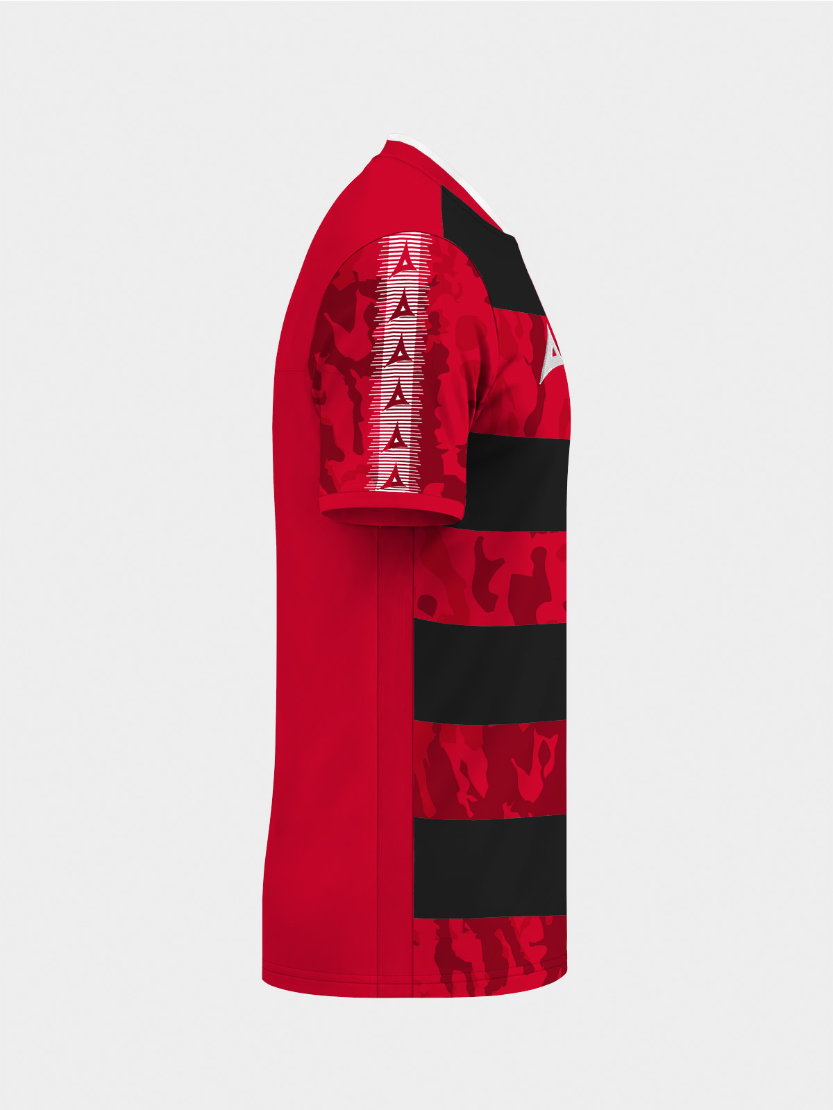 	right profile of the red and black pro intent jersey, displaying the streamlined sleeve and embroidered branding.